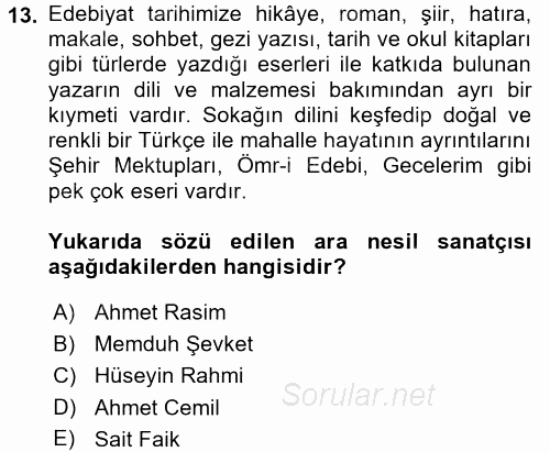 II. Abdülhamit Dönemi Türk Edebiyatı 2016 - 2017 Dönem Sonu Sınavı 13.Soru