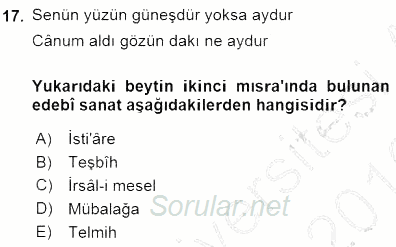 VIII-XIII. Yüzyıllar Türk Edebiyatı 2015 - 2016 Dönem Sonu Sınavı 17.Soru