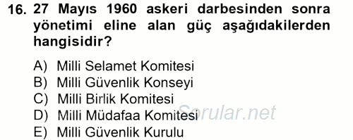 Atatürk İlkeleri Ve İnkılap Tarihi 2 2012 - 2013 Dönem Sonu Sınavı 16.Soru