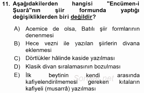 Tanzimat Dönemi Türk Edebiyatı 1 2017 - 2018 Ara Sınavı 11.Soru