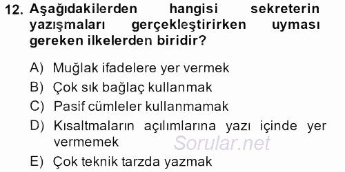 Yönetici Asistanlığı 2014 - 2015 Ara Sınavı 12.Soru