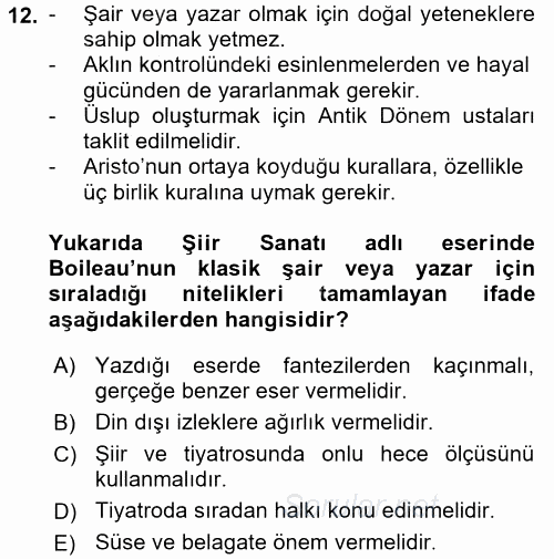 Batı Edebiyatında Akımlar 1 2017 - 2018 Ara Sınavı 12.Soru