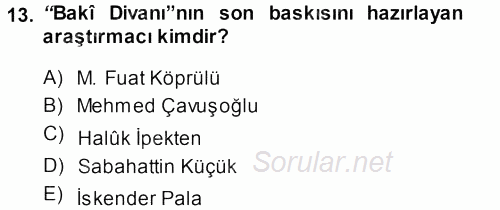 XVI. Yüzyıl Türk Edebiyatı 2013 - 2014 Ara Sınavı 13.Soru