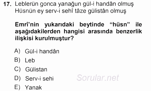 XVI. Yüzyıl Türk Edebiyatı 2013 - 2014 Ara Sınavı 17.Soru
