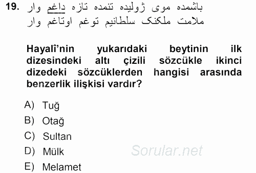 XVI. Yüzyıl Türk Edebiyatı 2013 - 2014 Ara Sınavı 19.Soru