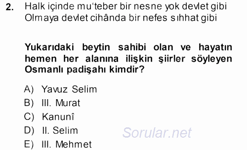 XVI. Yüzyıl Türk Edebiyatı 2013 - 2014 Ara Sınavı 2.Soru