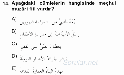 Arapça 3 2013 - 2014 Ara Sınavı 14.Soru