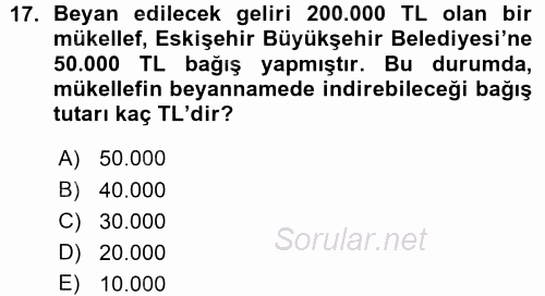 Türk Vergi Sistemi 2015 - 2016 Ara Sınavı 17.Soru