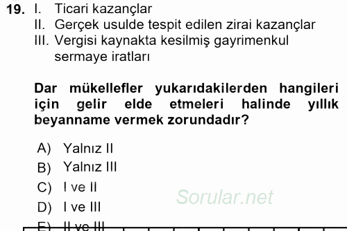 Türk Vergi Sistemi 2015 - 2016 Ara Sınavı 19.Soru