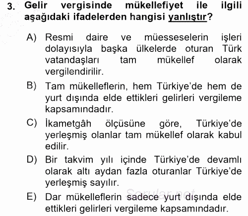 Türk Vergi Sistemi 2015 - 2016 Ara Sınavı 3.Soru