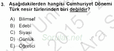 Cumhuriyet Dönemi Türk Nesri 2015 - 2016 Ara Sınavı 3.Soru