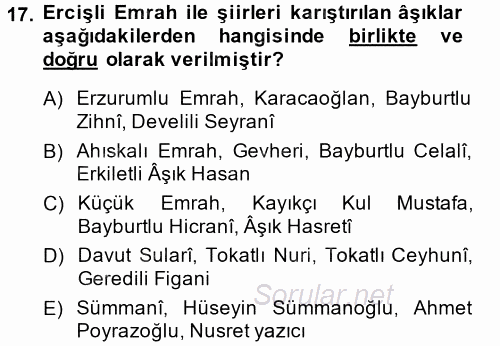 Türk Halk Şiiri 2014 - 2015 Tek Ders Sınavı 17.Soru