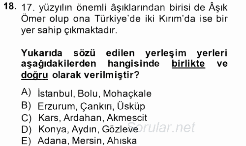 Türk Halk Şiiri 2014 - 2015 Tek Ders Sınavı 18.Soru