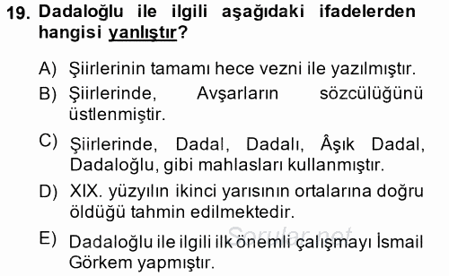 Türk Halk Şiiri 2014 - 2015 Tek Ders Sınavı 19.Soru