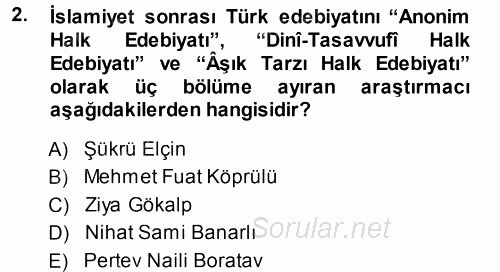 Türk Halk Şiiri 2014 - 2015 Tek Ders Sınavı 2.Soru