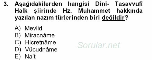 Türk Halk Şiiri 2014 - 2015 Tek Ders Sınavı 3.Soru