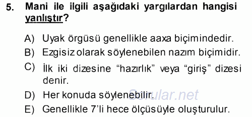 Türk Halk Şiiri 2014 - 2015 Tek Ders Sınavı 5.Soru