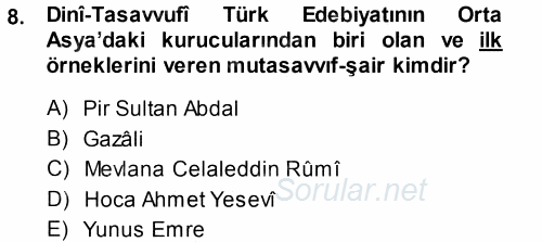 Türk Halk Şiiri 2014 - 2015 Tek Ders Sınavı 8.Soru