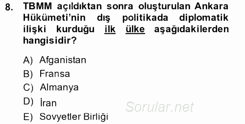 Türk Dış Politikası 1 2014 - 2015 Ara Sınavı 8.Soru