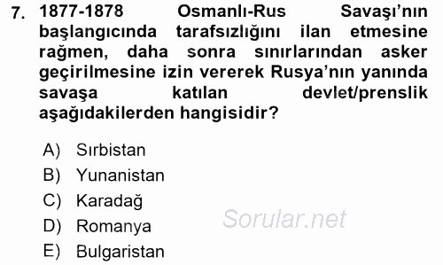 Osmanlı Tarihi (1876–1918) 2017 - 2018 Ara Sınavı 7.Soru