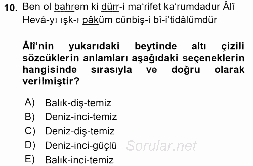 XVI. Yüzyıl Türk Edebiyatı 2015 - 2016 Tek Ders Sınavı 10.Soru