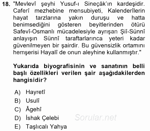 XVI. Yüzyıl Türk Edebiyatı 2015 - 2016 Tek Ders Sınavı 18.Soru