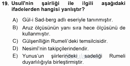 XVI. Yüzyıl Türk Edebiyatı 2015 - 2016 Tek Ders Sınavı 19.Soru