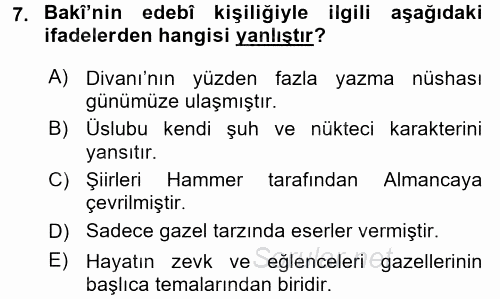 XVI. Yüzyıl Türk Edebiyatı 2015 - 2016 Tek Ders Sınavı 7.Soru