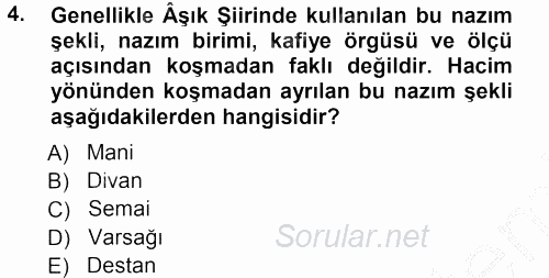 Türk Halk Şiiri 2012 - 2013 Ara Sınavı 4.Soru
