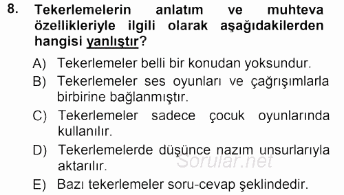 Türk Halk Şiiri 2012 - 2013 Ara Sınavı 8.Soru