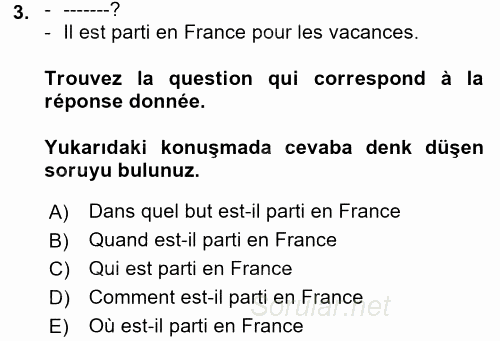 Fransızca 2 2017 - 2018 Ara Sınavı 3.Soru