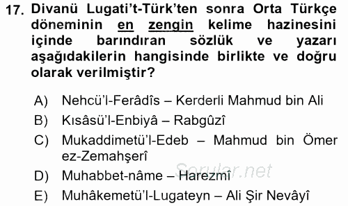 VIII-XIII. Yüzyıllar Türk Edebiyatı 2017 - 2018 Dönem Sonu Sınavı 17.Soru