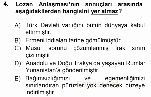 Türk Dış Politikası 1 2012 - 2013 Dönem Sonu Sınavı 4.Soru