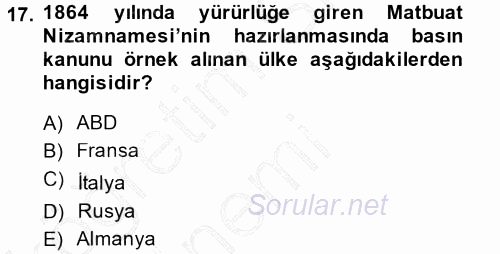 Türk Basın Tarihi 2014 - 2015 Ara Sınavı 17.Soru