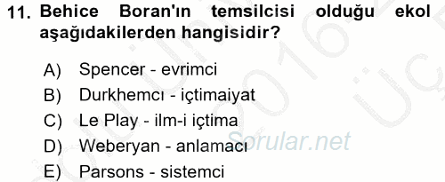 Türk Sosyologları 2016 - 2017 3 Ders Sınavı 11.Soru