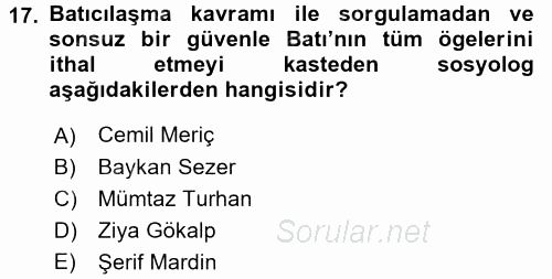 Türk Sosyologları 2016 - 2017 3 Ders Sınavı 17.Soru