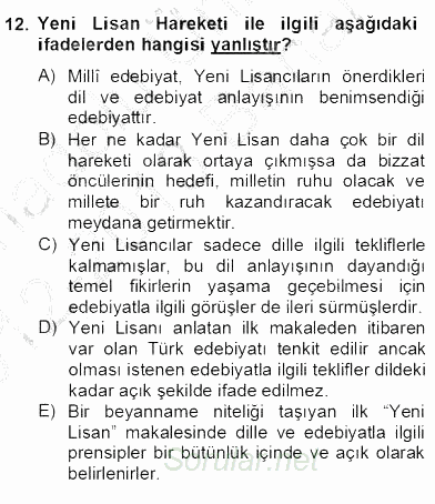 II. Meşrutiyet Dönemi Türk Edebiyatı 2012 - 2013 Dönem Sonu Sınavı 12.Soru