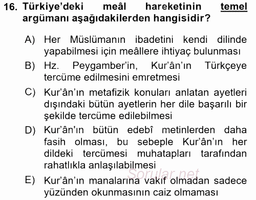 Tefsir Tarihi ve Usulü 2015 - 2016 Dönem Sonu Sınavı 16.Soru