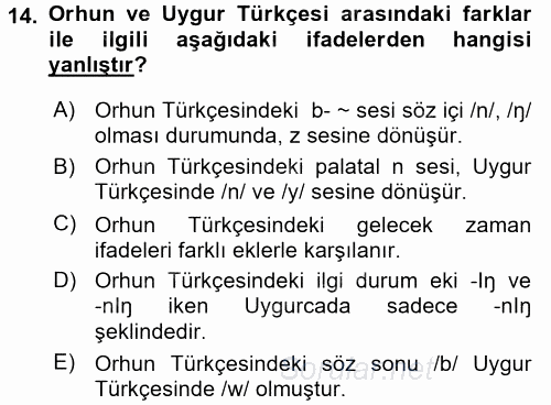 Uygur Türkçesi 2015 - 2016 Ara Sınavı 14.Soru