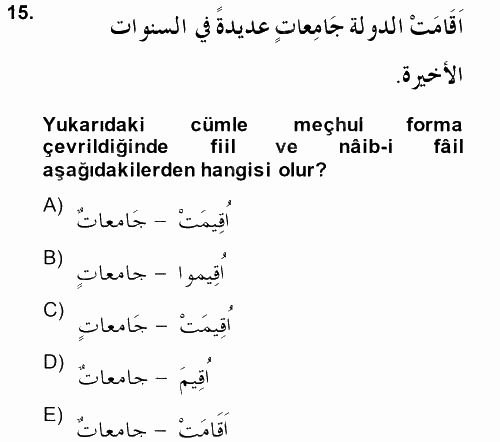 Arapça 3 2014 - 2015 Ara Sınavı 15.Soru
