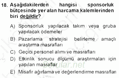 Sporda Sponsorluk 2014 - 2015 Ara Sınavı 18.Soru