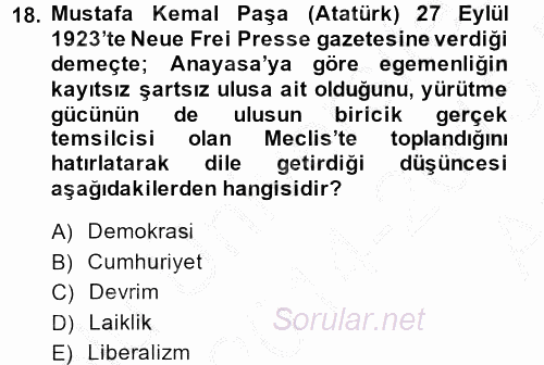 Türkiye´de Demokrasi Ve Parlemento Tarihi 2014 - 2015 Ara Sınavı 18.Soru