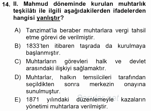 Osmanlı Yenileşme Hareketleri (1703-1876) 2017 - 2018 Ara Sınavı 14.Soru
