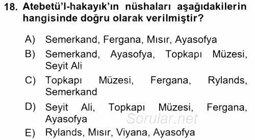 XI-XIII. Yüzyıllar Türk Dili 2015 - 2016 Tek Ders Sınavı 18.Soru
