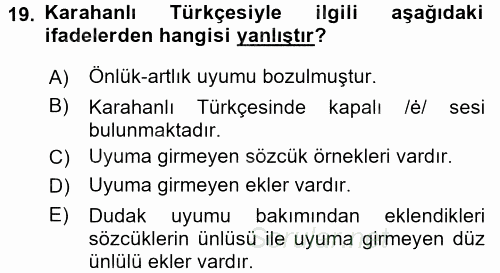 XI-XIII. Yüzyıllar Türk Dili 2015 - 2016 Tek Ders Sınavı 19.Soru