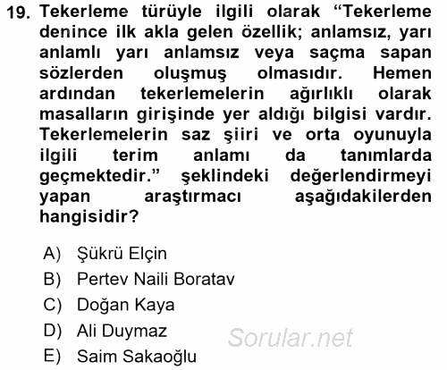 Türk Halk Şiiri 2016 - 2017 Ara Sınavı 19.Soru