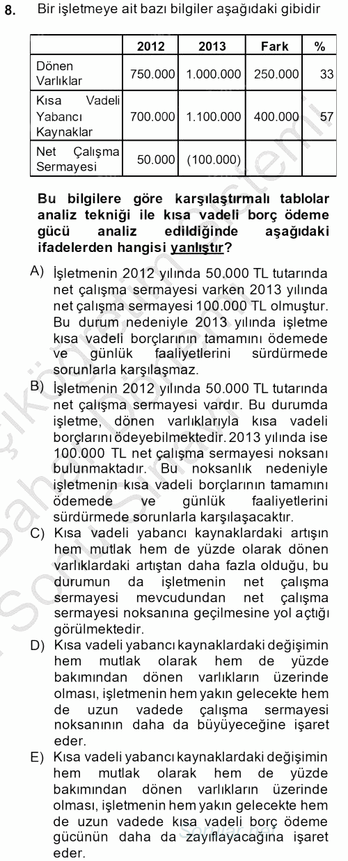 Finansal Tablolar Analizi 2013 - 2014 Dönem Sonu Sınavı 8.Soru