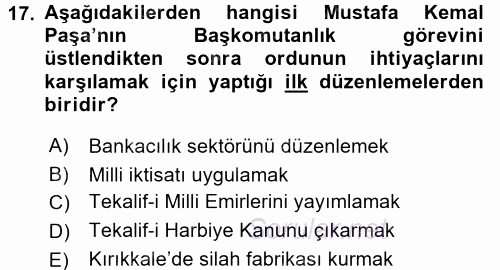 Atatürk İlkeleri Ve İnkılap Tarihi 1 2016 - 2017 Dönem Sonu Sınavı 17.Soru