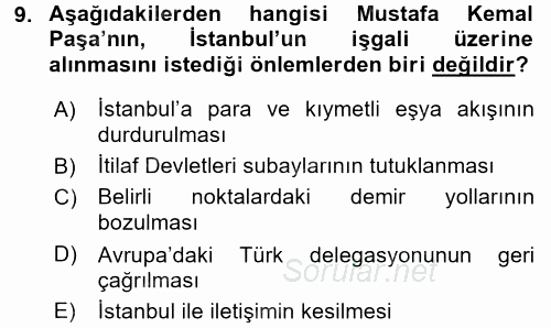 Atatürk İlkeleri Ve İnkılap Tarihi 1 2016 - 2017 Dönem Sonu Sınavı 9.Soru