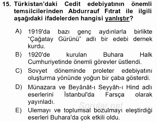 XIX. Yüzyıl Türk Dünyası 2015 - 2016 Dönem Sonu Sınavı 15.Soru